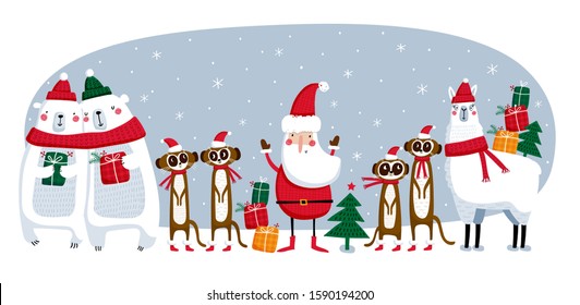 Creative hand drawn card with cute Santa Claus, bear, lama and Christmas trees. Vector Xmas cartoon poster illustration design.