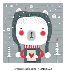 Creative hand drawn card with cute bear. Vector cartoon illustration. Hand drawn typography poster. Xmas design. 