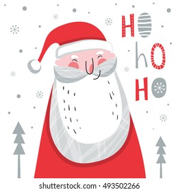 Creative hand drawn card with cute Santa Claus. Vector cartoon illustration. and drawn typography poster. Xmas design.