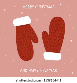 Creative hand drawn card with mittens: Merry Christmas and Happy New Year. Vector illustration for greeting cards, posters, gift tags