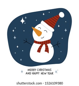 Creative hand drawn card with snowman: Merry Christmas and Happy New Year. Vector illustration for winter holidays and Christmas design