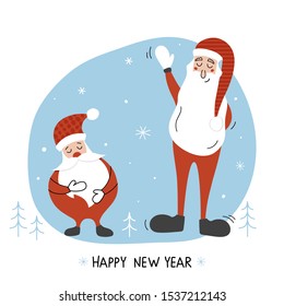 Creative hand drawn card with two cute Santa Claus: Happy New Year. Vector illustration for winter holidays and Christmas design