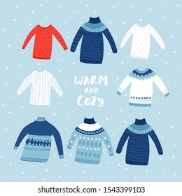 Creative hand drawn card with warm winter sweaters: Cozy winter. Vector cartoon illustration. and drawn typography poster. Xmas design in blue and red colours