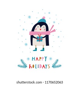 Creative hand drawn card for winter holidays with cute penguin. Vector cartoon illustration. Hand drawn typography poster. Xmas design. Bright colors