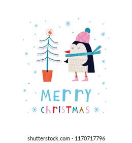 Creative hand drawn card for winter holidays with cute penguin and Christmas tree. Vector cartoon illustration. Hand drawn typography poster. Xmas design in bright colors
