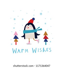 Creative hand drawn card for winter holidays with cute penguin on skates. Vector cartoon illustration. Hand drawn typography poster. Xmas design in bright colors