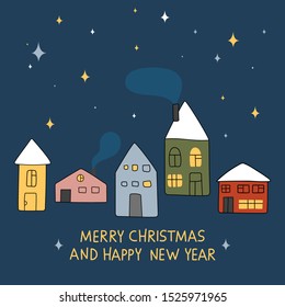 Creative hand drawn card with winter houses and stars: Happy New Year. Vector illustration for winter holidays and Christmas design