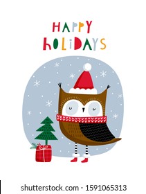 Creative hand drawn card for winter holidays with cute owl. Vector cartoon illustration. Typography poster. Xmas design. Bright colors