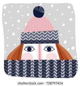 Creative hand drawn card for winter holidays with winter girl. Vector cartoon illustration. Hand drawn typography poster. Xmas design. Pink and blue