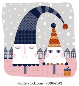 Creative hand drawn card for winter holidays with couple of Christmas trees. Pink, orange and blue vector, cartoon Xmas illustration.