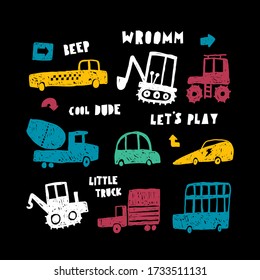 Creative hand drawn cars set. Doodles style. Lettering.