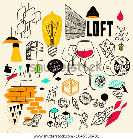 Creative Hand Drawn Clip-art on the Loft Interior with Stylized Objects, Symbols and Decorations