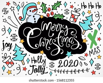 Creative Hand Drawn Colorful Doodle Set of Objects for Merry Christmas.