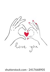 Creative hand drawn concept of Happy Valentines Day card. A man's and a woman's hand are holding a red heart.. Templates for celebration, branding, banner, cover, label, poster, sales. Vector sketch.