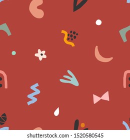 Creative hand drawn contemporary abstract art elements made as seamless vector pattern. Abstraction doodles and shapes on red background. Trendy flat style.