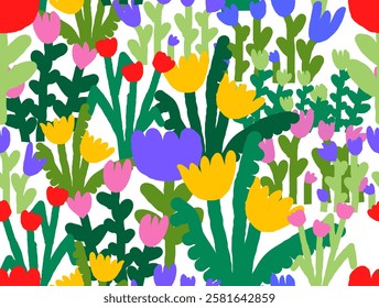 Creative hand drawn decorative flowers in scandinavian style seamless pattern. Great for fabric, summer background, wallpaper, backdrop, textile. Vector seamless pattern, kid background.