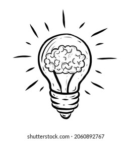Creative Hand Drawn Design of Brain inside Light Bulb. Think and Idea Concept retro style vector bulb illustration. Isolated on White Background. 