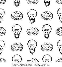 Creative Hand Drawn Design of Brain and Light Bulb. Think and Idea Concept retro style vector light bulbs and brain illustration. Isolated on White Background. 