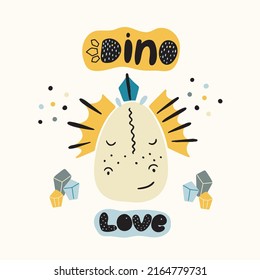Creative hand drawn dino with lettering. Cartoon dinosaur vector illustration in scandinavian style.