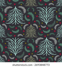 Creative Hand Drawn Doodle Christmas Tree and Pine Branches Seamless Pattern on Dark Background