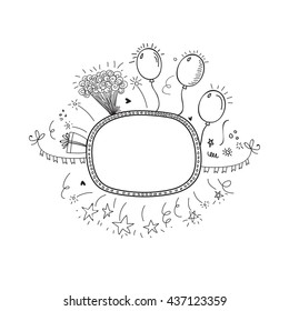 Creative hand drawn doodle party frame decorated with balloons, bouquet and confetti, Black and white illustration on white background.