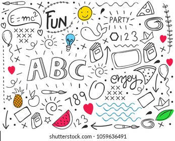 Creative Hand Drawn Doodle Set of Objects, Black and White Outline Background.