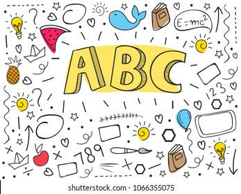 Creative Hand Drawn Doodle Set of Objects, Black and White Outline with Colorful Background.