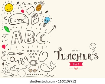 Creative Hand Drawn Doodle Set of Objects, Black and White Outline Background for Happy Teacher's Day Celebration.