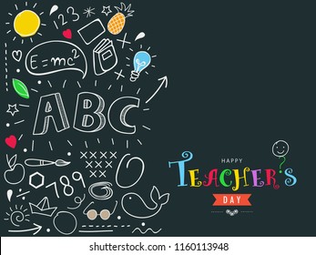 Creative Hand Drawn Doodle Set of Objects on Dark Background for Happy Teacher's Day Celebration.