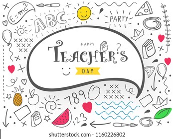 Creative Hand Drawn Doodle Set of Objects wth Stylish Text ”Happy Teacher's Day”.