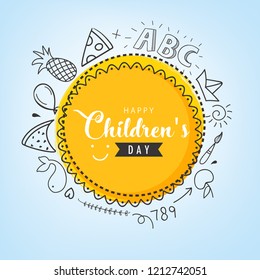 Creative Hand Drawn Doodle Set of Objects Frame Design. Happy Children's Day.