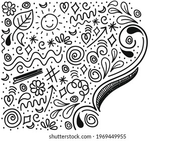 Creative Hand Drawn Doodle Set of Objects, Black and White Outline Background.