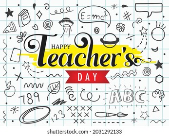 Creative Hand Drawn Doodle Set of Objects with Stylish Text "Happy Teacher's Day".