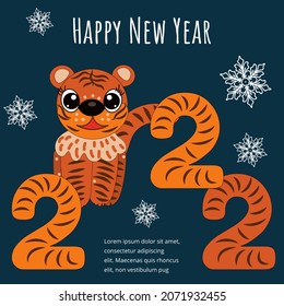 Dibujo manual creativo de la ilustración estilo doodle de Cute tiger cub, para Feliz Navidad y Feliz Año Nuevo.