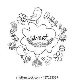 Creative hand drawn doodle style frame decorated with cute bird, beautiful floral design and butterfly on white background.