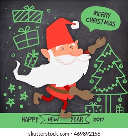 Kreative handgezeichnete doodle-Illustration von Cute Santa Claus, Weihnachtsbaum und Geschenke auf Chalkboard-Hintergrund für fröhliche Weihnachten und glückliche Neujahrsfeiern.
