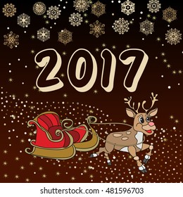Creative hand drawn doodle style illustration of Cute reindeer and sleigh,  for Merry Christmas and Happy New Year celebration