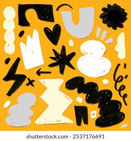 Creative hand drawn doodles featuring abstract shapes, bold symbols, and brushstroke textures in black, white, and gray on a yellow background.