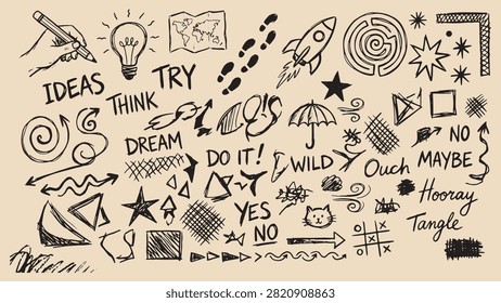 Creative hand drawn doodles with playful sketches and motivational words on beige background expressing imagination and free thinking energy