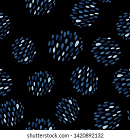 Creative hand drawn dots seamless pattern on black background. Abstract circle shapes wallpaper. Design for fabric, textile print, wrapping paper, children textile. Vector illustration