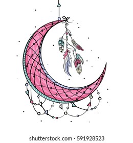 Creative hand drawn Dream Catcher with Pink Crescent Moon and Ethnic Feathers. Boho style illustration.