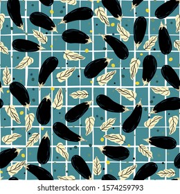 Creative hand drawn eggplants seamless pattern on stripe background. Creative design for fabric, textile print, wrapping paper, textile, restaurant menu. Vector illustration