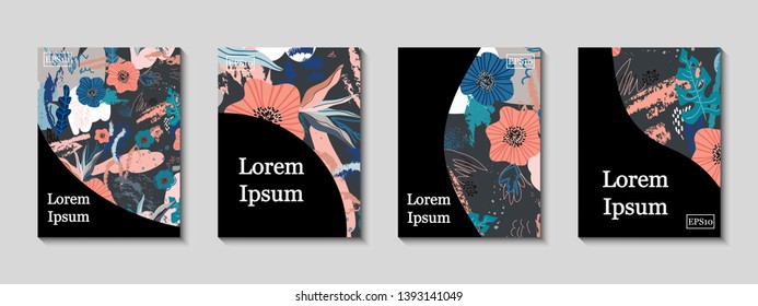 Creative hand drawn flower covers set. Modern graphic design. Floral pattern background. Vector. Eps10. Ideal for journal, web, poster, composition, cover, book, certificate, card, flyer, brochure