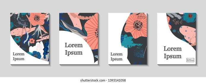Creative hand drawn flower covers set. Modern graphic design. Floral pattern background. Vector. Eps10. Ideal for journal, web, poster, composition, cover, book, certificate, card, flyer, brochure