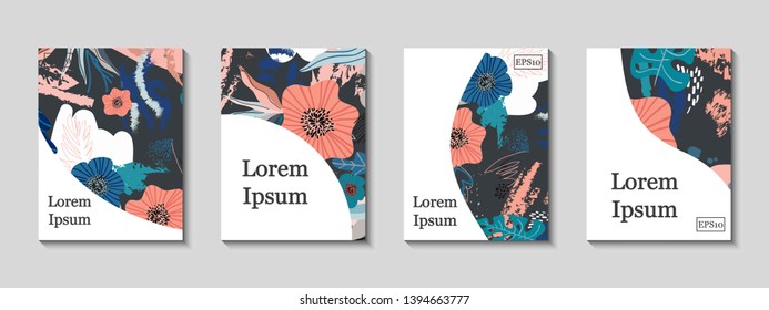 Creative hand drawn flower covers set. Modern graphic design. Floral pattern background. Vector. Eps10. Ideal for journal, web, poster, composition, cover, book, certificate, card, flyer, brochure