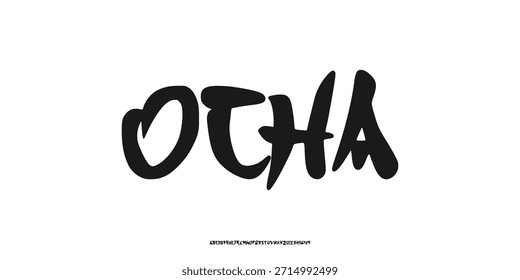 Fuente dibujada a mano creativa solo mayúsculas. Tipografía rugosa elegante. Letras de pincel redondeado juguetón con estilo asiático. Ilustración vectorial de moda vintage moderna serif decorativa.