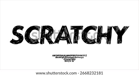 Creative Hand Drawn Font Uppercase Lowercase Number Symbol. Scratchy Bold Typography. Strong Playful Lettering. Decorative Serif Retro Modern Fashion Design Vector Illustration.