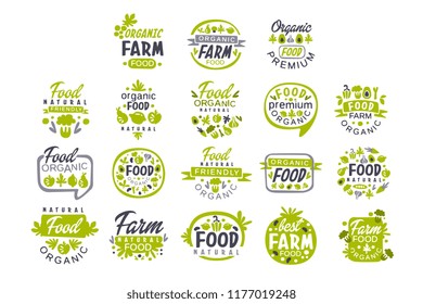 Creative hand drawn gray and green design of organic food logo set. Fresh farm products. Labels for shop or market. Vector collection