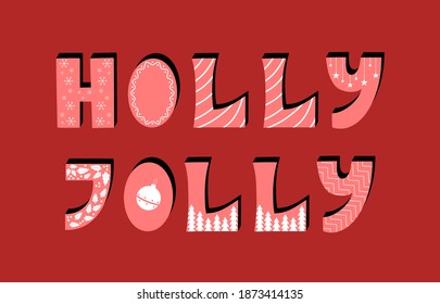 Creativa tarjeta de felicitación dibujada a mano. Holly jolly sobre el fondo rojo. Plantilla de banner festivo. Afiche de tipografía dibujado a mano. Diseño navideño. Ilustración de dibujos animados