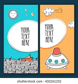 Kreative, handgezeichnete Grußkartengestaltung mit doodle Elementen und Platz für Ihren Text.